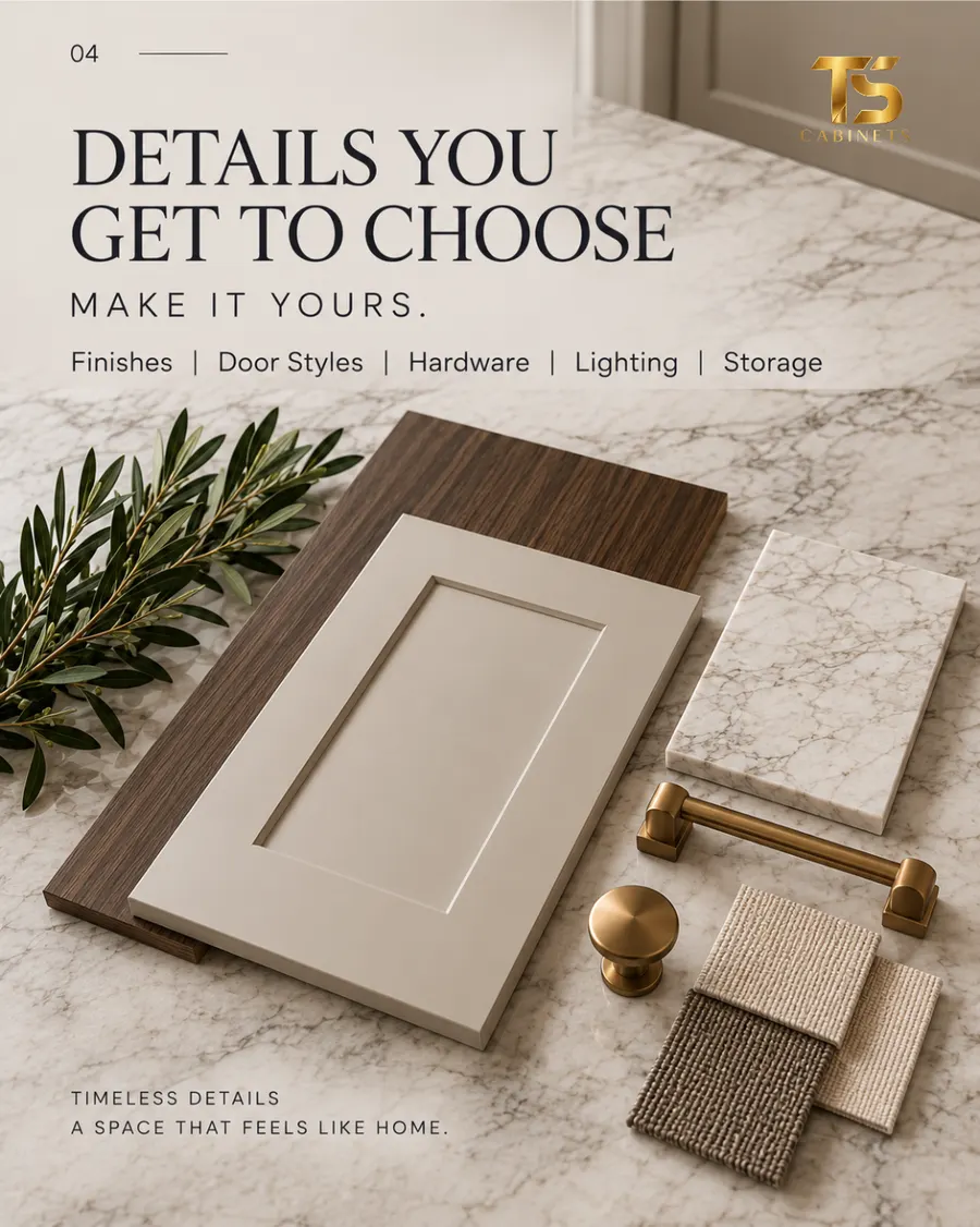 TS Cabinets social card: finishes, door styles, hardware and storage samples