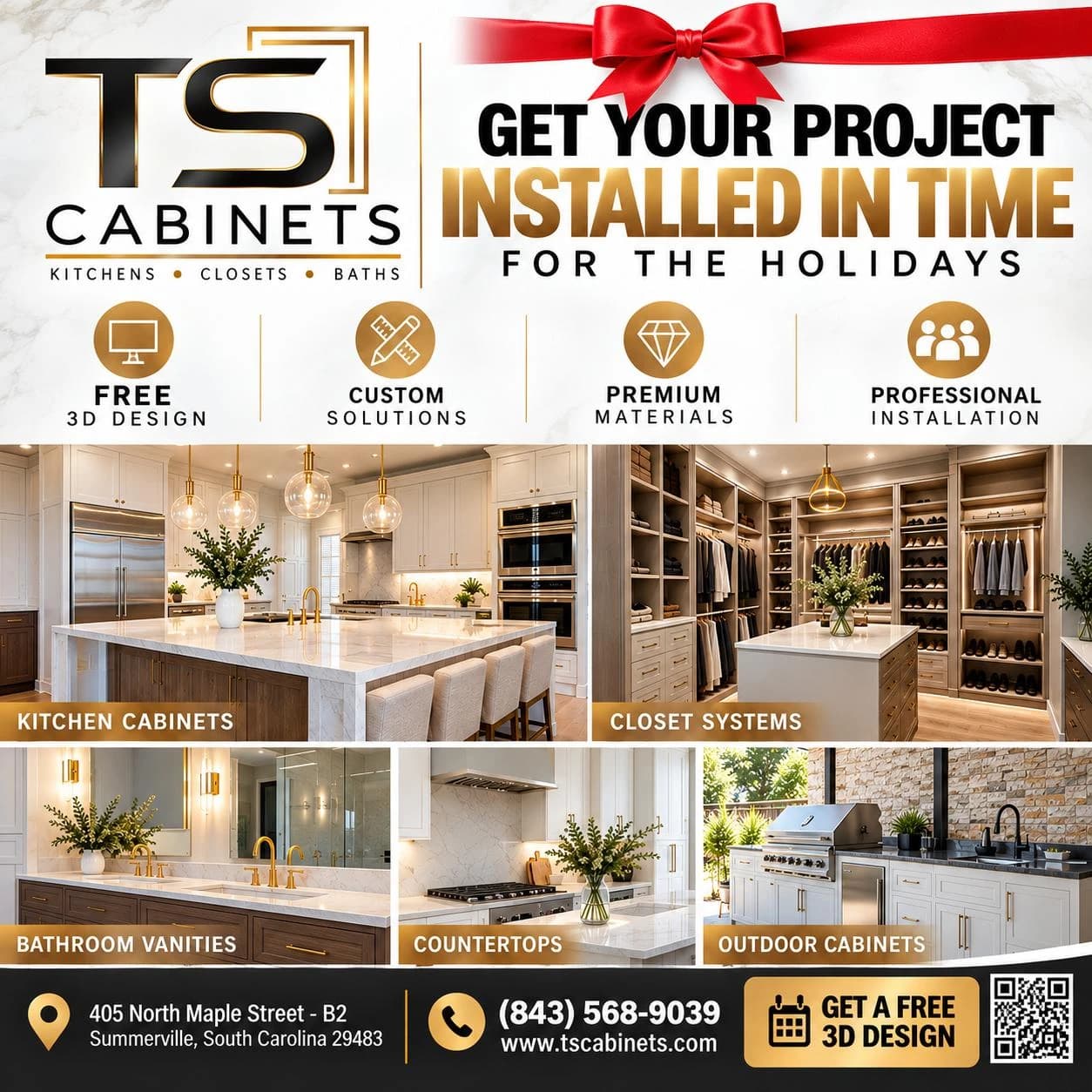 Get your project installed in time for the holidays: free 3D design, custom solutions, premium materials and professional installation for kitchen cabinets, closet systems, bathroom vanities, countertops and outdoor cabinets.