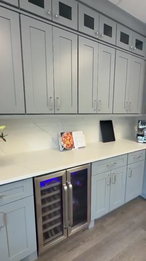 Grey Shaker kitchen display in the TS Cabinets showroom